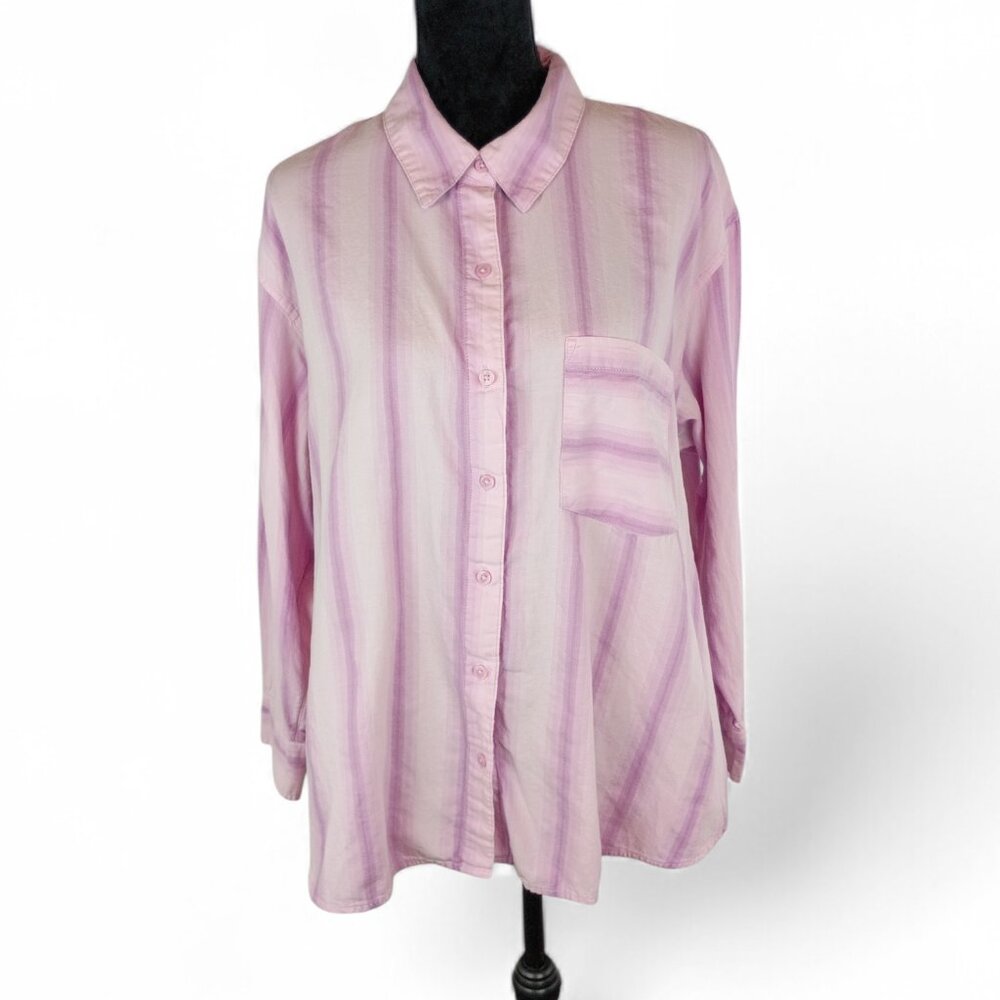 TERRA & SKY Striped Tunic Top Blouse 1X Pink Cream Business Casual Office